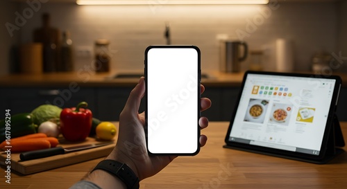 Hand holding a smartphone with a blank white screen mockup in a modern kitchen setting.