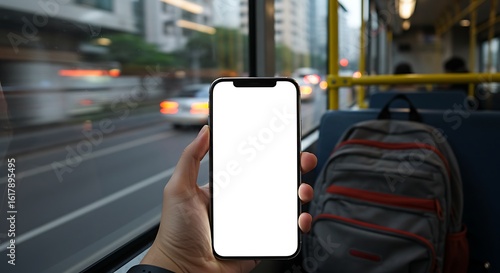 Hand holding modern smartphone with blank screen inside moving public transport, ideal for app mockups.