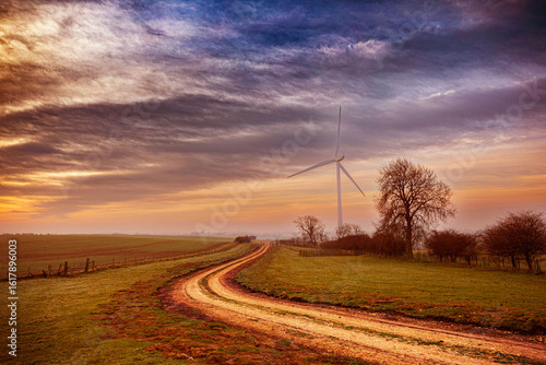 wind turbines in the field, northeast, UK, sunrise