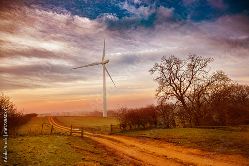 wind turbines in the field, northeast, UK, sunrise