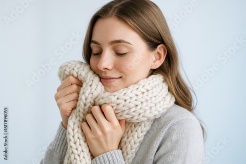 Young woman enjoying soft knitted scarf against light blue background
