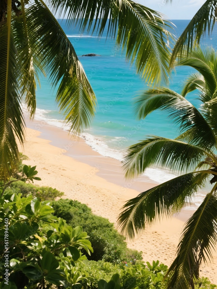 Obraz premium Tropical Escape Hawaiian Beach Through Palm Leaves