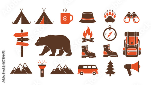 A versatile icon collection of camping and hiking equipment for outdoor adventures, this vector set features a bear, tent, and mountain graphics