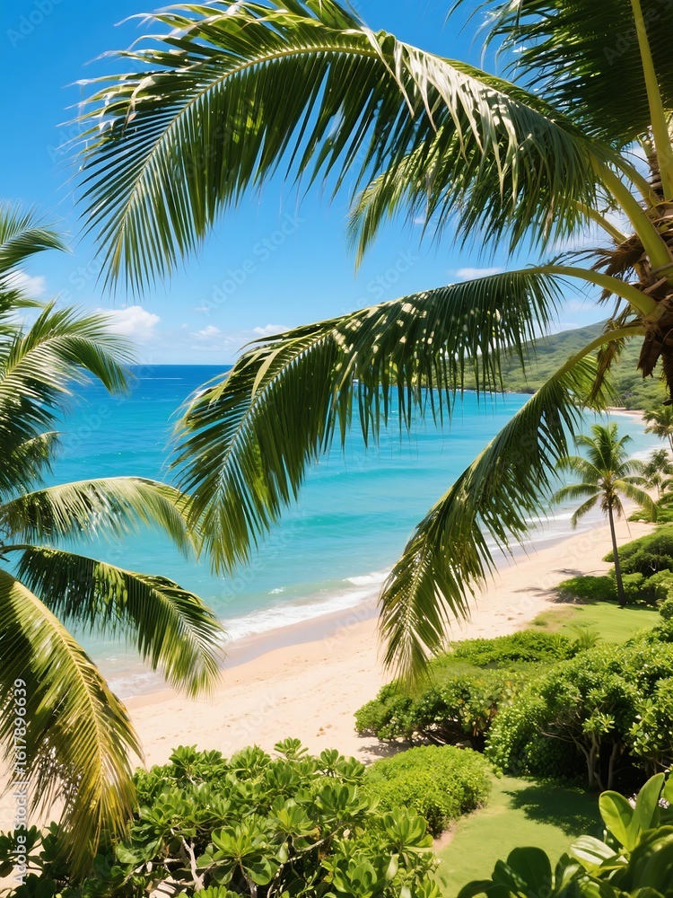 Fototapeta premium Tropical Escape Hawaiian Beach Through Palm Leaves