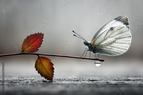 a bright white butterfly on a branch above the water