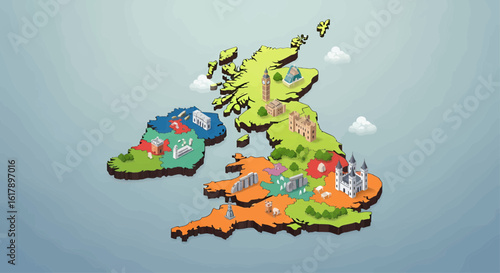 Stylized isometric map of the United Kingdom and Ireland featuring famous regional landmarks. A colorful vector illustration of Great Britain for travel concepts.
