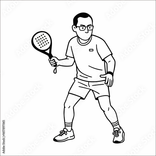 A man with glasses is ready to hit a ball with a paddle tennis racket.