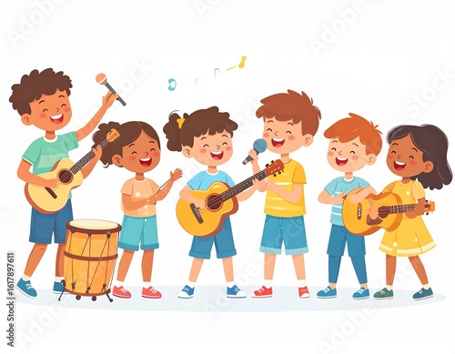 A group of diverse children joyfully playing musical instruments, singing and having fun.