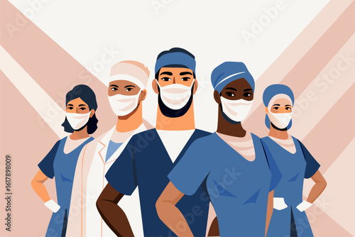 Zespół chirurgów w maskach. Ilustracja symbolizująca siłę, jedność i poświęcenie pracowników opieki zdrowotnej