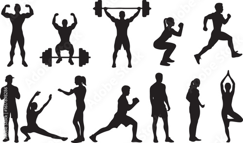 Fitness silhouettes of people exercising and lifting weights exercise weightlifting