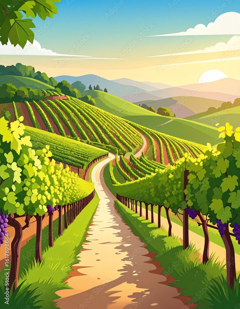 Naklejka premium abstract illustration of walkway Through Sunlit Vineyard Rows on a Hillside