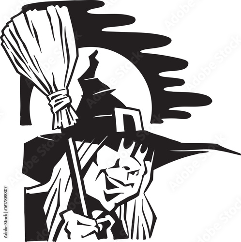 vector sketch illustration silhouette image design caricature icon logo symbol witch with long hat and broomstick