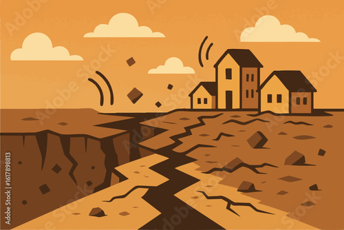Earthquake Cracking Ground and Shaking Village – Flat Illustration