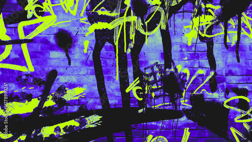 Neon green and black graffiti on a dark purple brick wall background