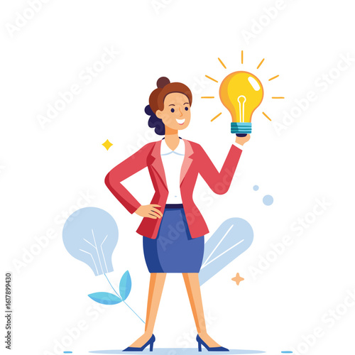 Confident Woman Boss Holding Bright Light Bulb Idea – Business Innovation and Leadership Concept Vector Illustration for Creative Thinking, Entrepreneurship, and Corporate Success