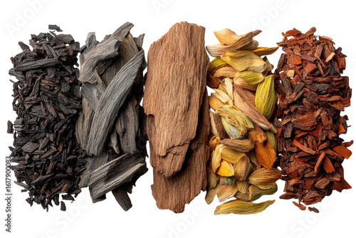 Agarwood chips assortment background oudh fragrance material Burning incense chips bakhoor oud on transparent background