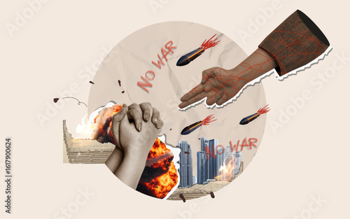 Anti war visual depicting hands in prayer amidst destruction. Vector illustration