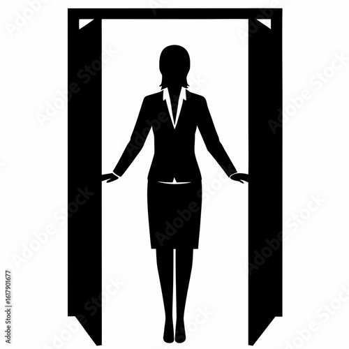 Silhouette of a businesswoman in a suit standing between two architectural elements graphic