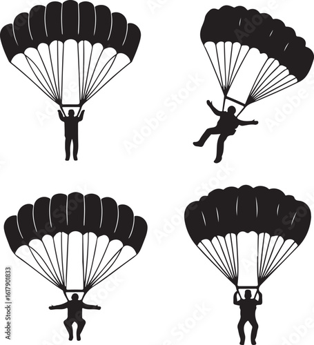 Black silhouette skydivers descending with parachutes skydiving sport