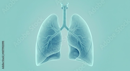 Medical illustration of human lungs and trachea showing internal branching airways