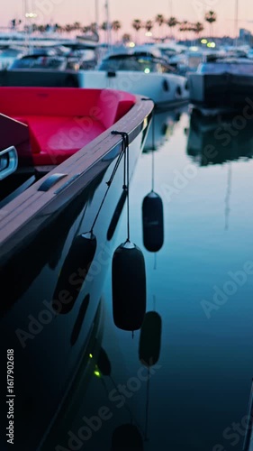 Black and red boat docked in the Port Vauban at sunset in Antibes, France. Vertical