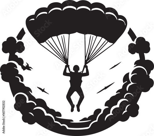 Parachutist descending with parachute surrounded by clouds and birds skydiving descent