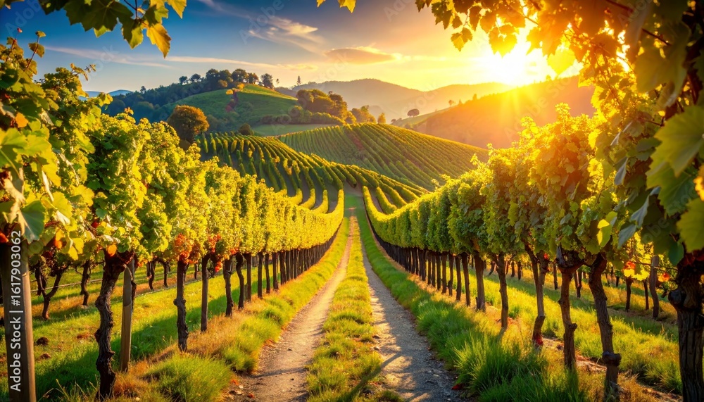 Fototapeta premium abstract illustration of walkway Through Sunlit Vineyard Rows on a Hillside