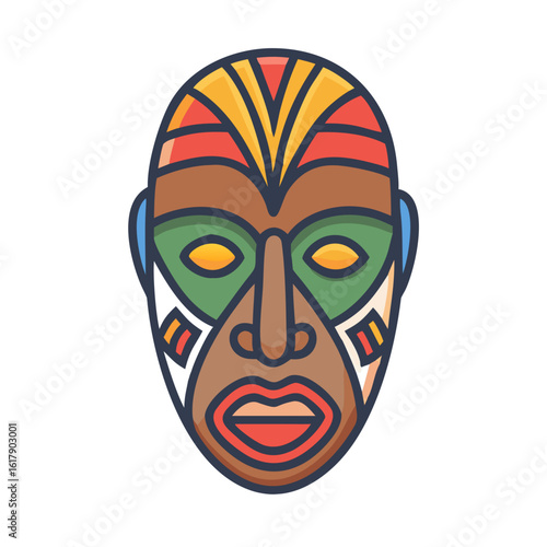 Traditional tribal mask with colorful patterns and facial features  