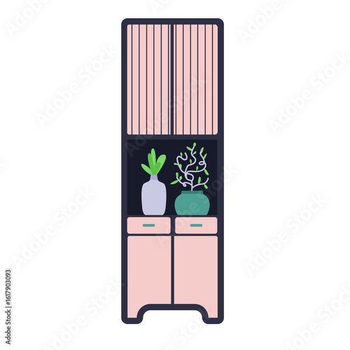 This cabinet features a sleek design, showcasing two decorative plants in elegant vases. Positioned in a modern room, it adds charm and organization to the decor.