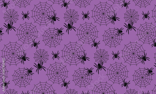Seamless Halloween pattern with spiderwebs and spiders on a purple background. Ideal for textiles, packaging, and wallpapers. A festive background for Halloween.