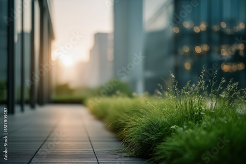 Morning Sunlight Illuminating Lush Grass Along Pavement in Urban Setting