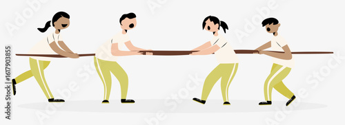 Kids playing tug of war in teamwork. Group of diverse girls and boys pulls rope in competition. Vector illustration