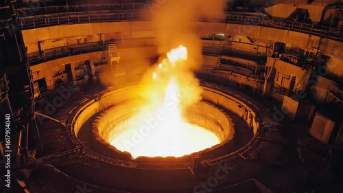 Wallpaper Mural Massive industrial furnace with intense glowing fire inside steel manufacturing facility, representing metal production, heavy industry processes, the powerful energy output of smelting environments. Torontodigital.ca