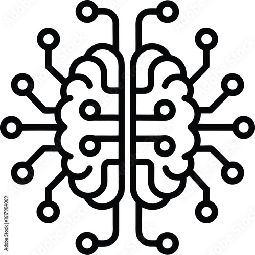 Black outline of a stylized brain with circuit connections and nodes technology network