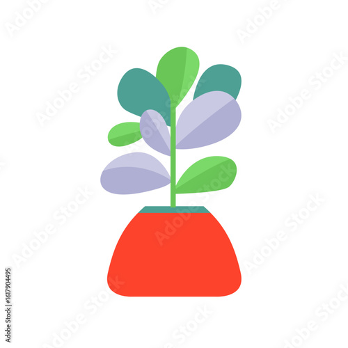 A vibrant potted plant stands in a simple red container, showcasing lush green and purple leaves. This decor piece brightens the indoor setting, enhancing the ambiance.