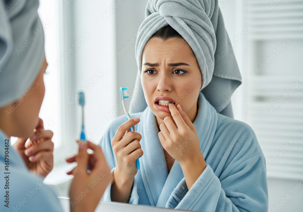 Fototapeta premium Woman with Concerned Expression Examining Gums and Teeth in Mirror