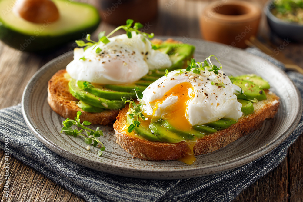 Healthy breakfast with poached eggs, toast, and avocado Healthy breakfast with poached eggs, toast, and avocado