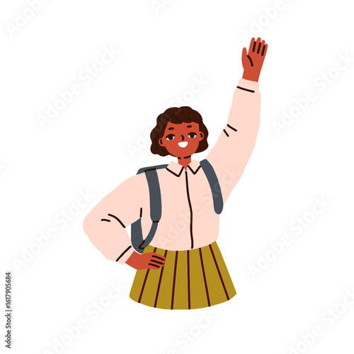 Girl kid, school student smiling with hand raised. Happy child, schoolgirl in...