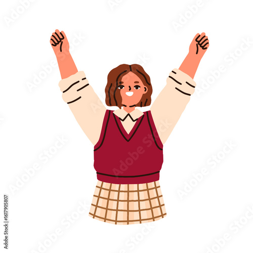 Happy joyful girl kid. Excited child student in school uniform with arms rais...