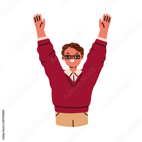 Happy school boy, excited kid pupil with raised arms, hands up. Smiling joyfu...