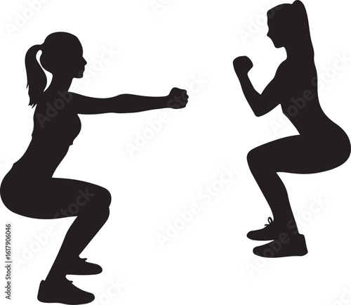 Two women silhouettes performing squats fitness exercise