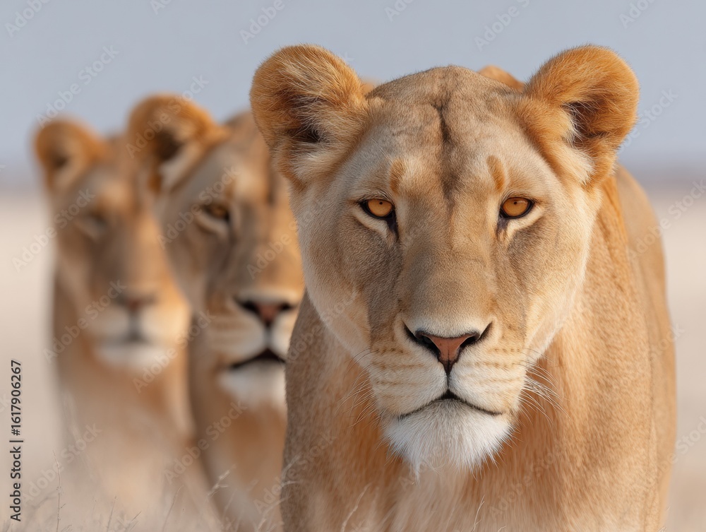 Obraz premium President S Day In Botswana Lions Walking Through African Landscape Authentic Wildlife Safari Premium Summer Travel Marketing for Family Adventure Campaigns