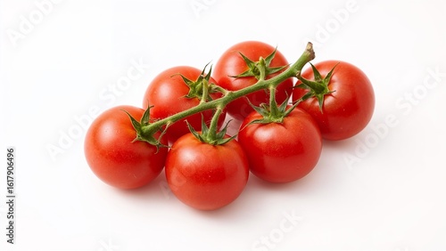Six fresh red tomatoes on a green vine white background