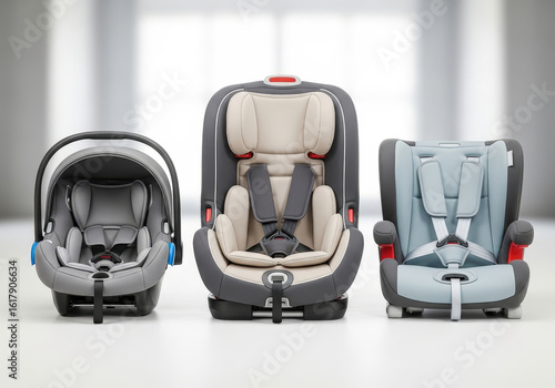 Assortment of baby child and booster car seats for different age groups in a studio setting