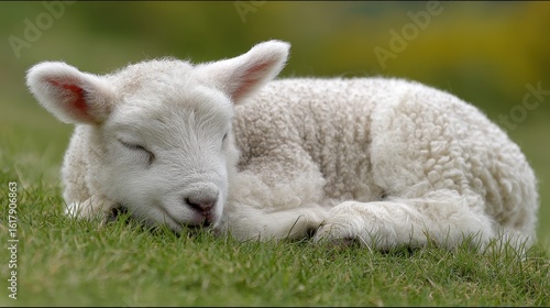 Sheep Lying Down. Adorable Baby Lamb Relaxing on Green Grass in a Meadow