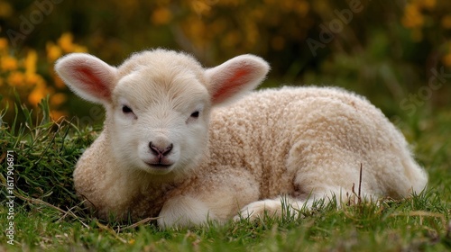 Sheep Lying Down. A Cute Newborn Lamb Resting on the Grass in a Meadow