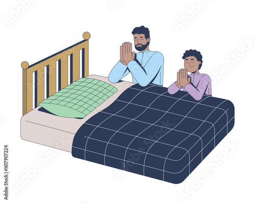 Black father son kneeling in prayer beside bed 2D vector illustration. Bedtime praying. Raising child with faith. Christian parenting flat characters isolated on white. Colorful cartoon image