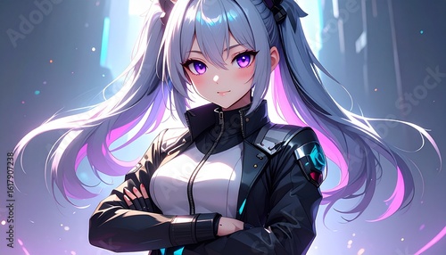 Futuristic anime character with vibrant hair and glowing eyes in a digital art style.
