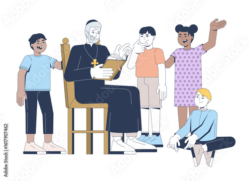 Catholic priest teaching children Bible stories 2D vector illustration. Christian faith education. Sunday school. Diverse kids listening flat characters isolated on white. Colorful cartoon image