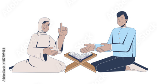 Muslim couple studying Quran together 2D vector illustration. Islamic learning. Arab man, hijab woman kneeling at Rehal book stand flat characters isolated on white background. Colorful cartoon image